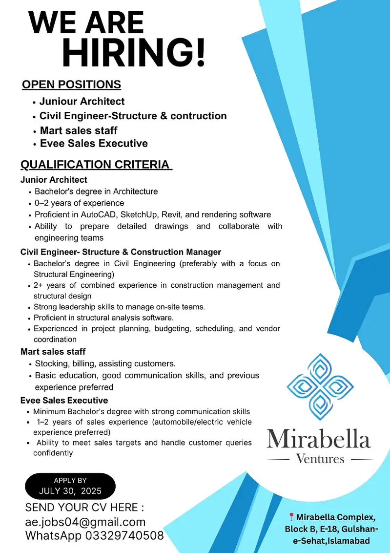 WE ARE HIRING! Multiple Positions at Mirabella Ventures – Islamabad

                                                            alt=
