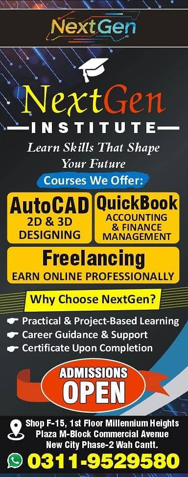 MS Office & Excel , AutoCAD 2D & 3D QuickBook s& Freelancing Courses

                                                            alt=