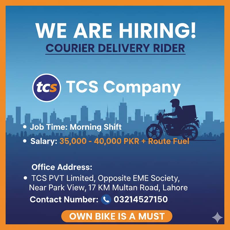 Delivery Rider | TCS Company | Rider Jobs | Staff Required

                                                            alt=