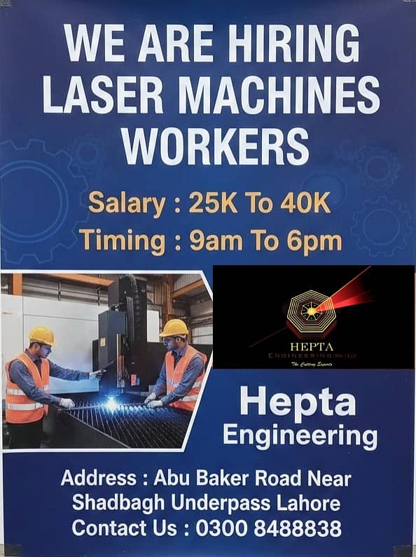Laser Machine Workers | Male staff Required | Jobs in Lahore

                                                            alt=
