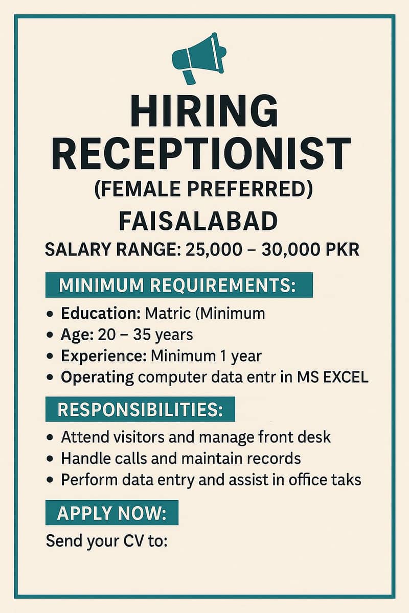 Female receptionist Required

                                                            alt=