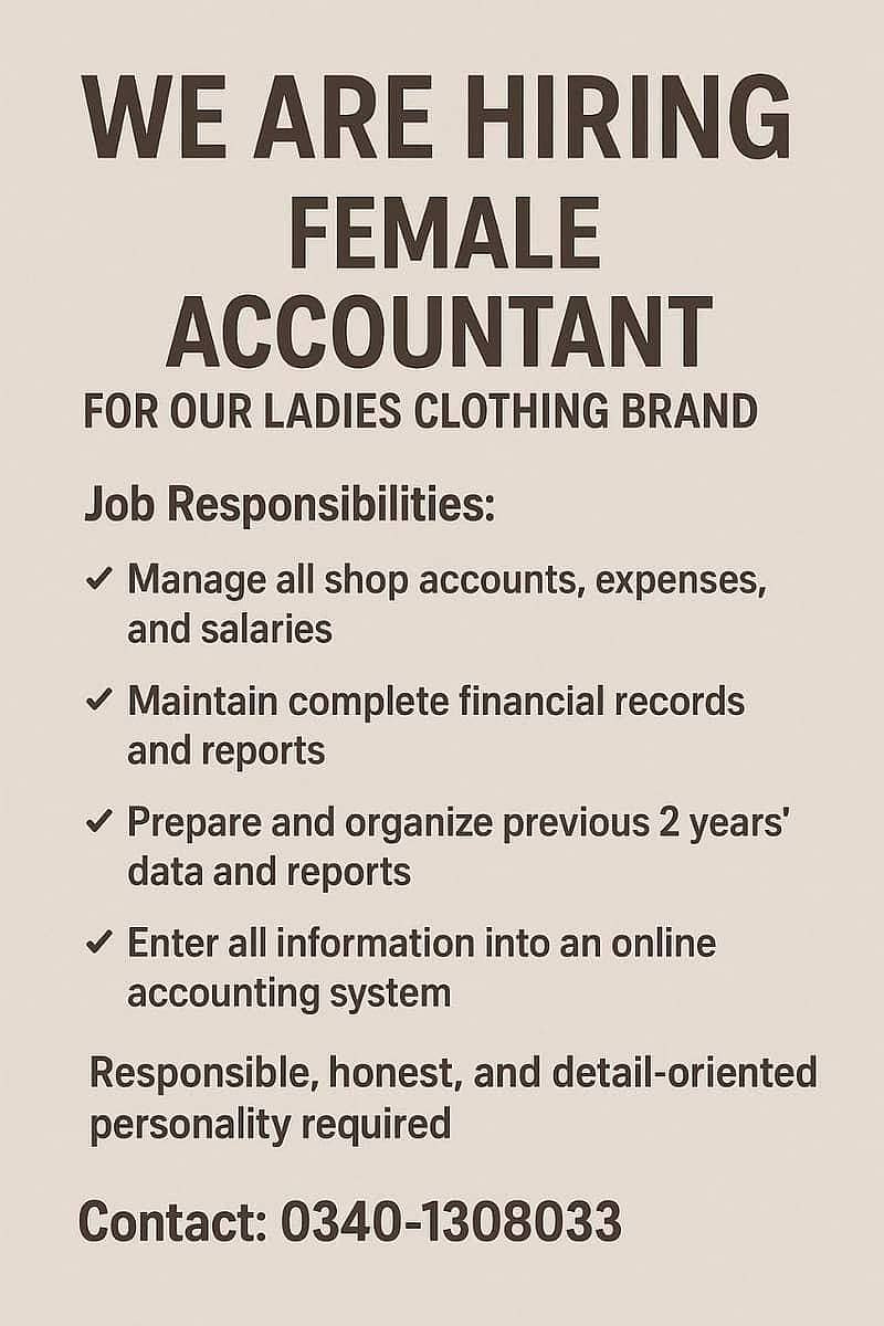 Female Acountant for Ladies Clothing Brand

                                                            alt=