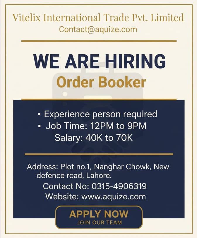 Order Booker | Staff Required | Male Job | Urgent Hiring

                                                            alt=