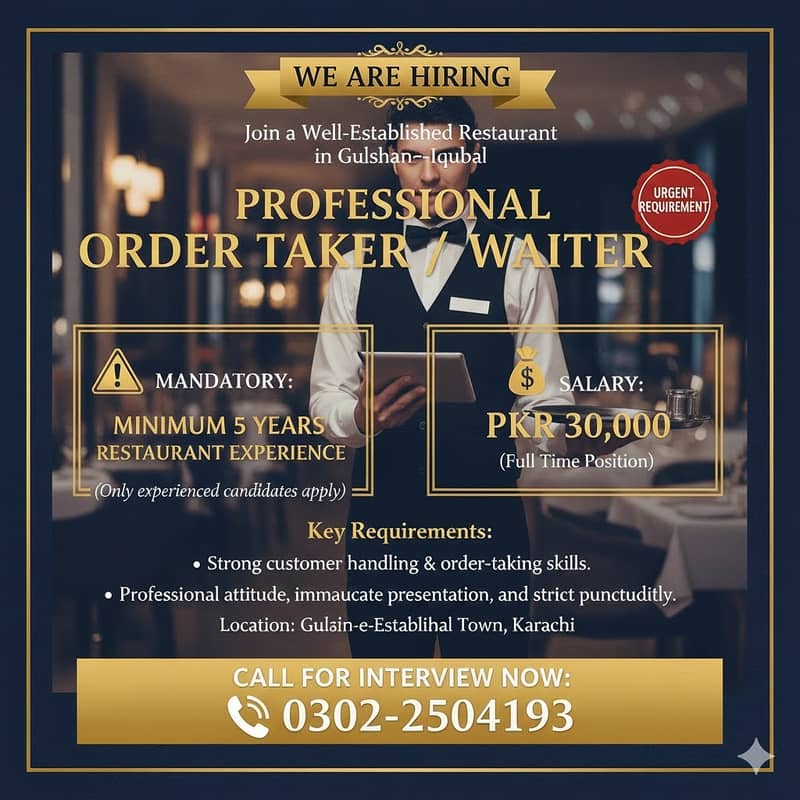 Experienced Order Taker / Waiter Required (Restaurant Job)

                                                            alt=