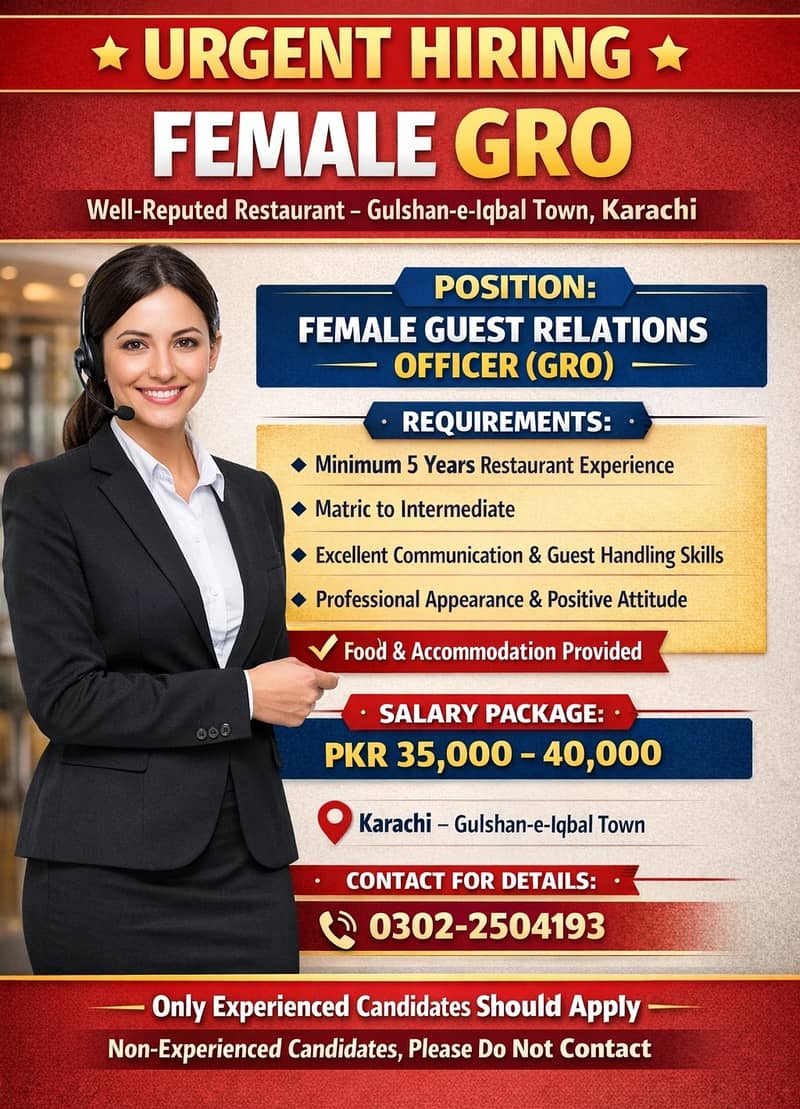 Urgent Hiring – Female Guest Relations Officer (GRO)

                                                            alt=
