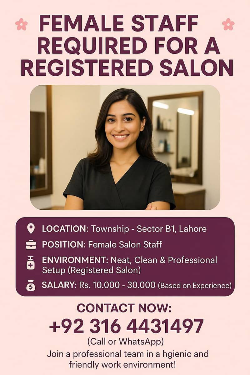 Female Salon Staff Required – Township B1, Lahore | Salary 10K–25K

                                                            alt=