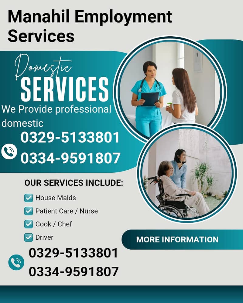 Babysitter, House maid, Cook , Nanny , Couple , Drivers ,Patient care

                                                            alt=