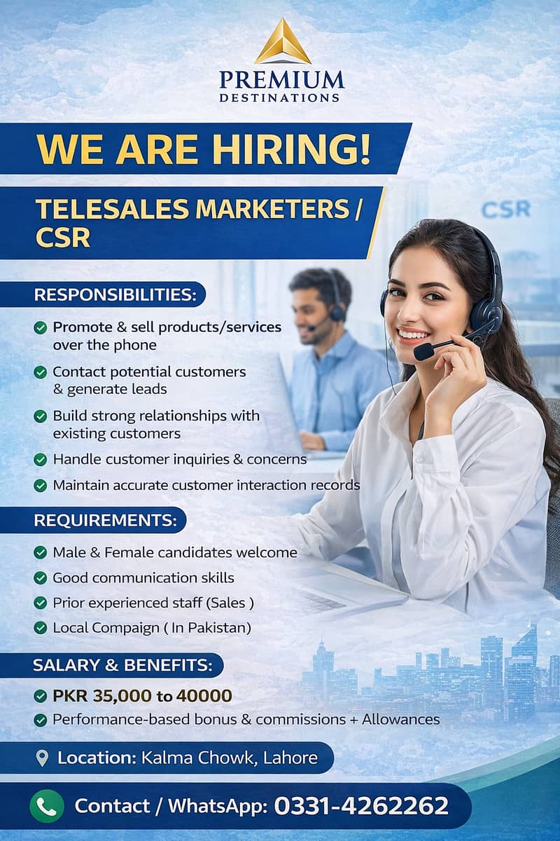 Hiring Telesales / CSR – Male & Female | Lahore | Premium Destinations

                                                            alt=