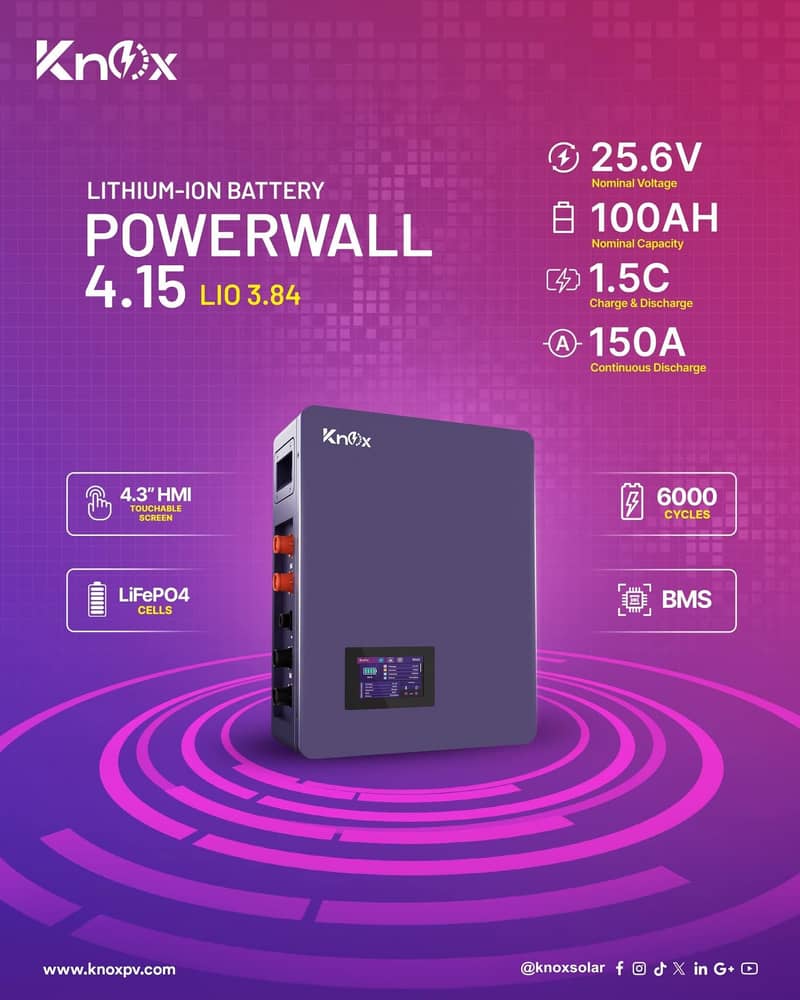 Knox PowerWall 4.15  LIO 3.84 25.6V 100AH Lithium Ion Battery

                                                            alt=