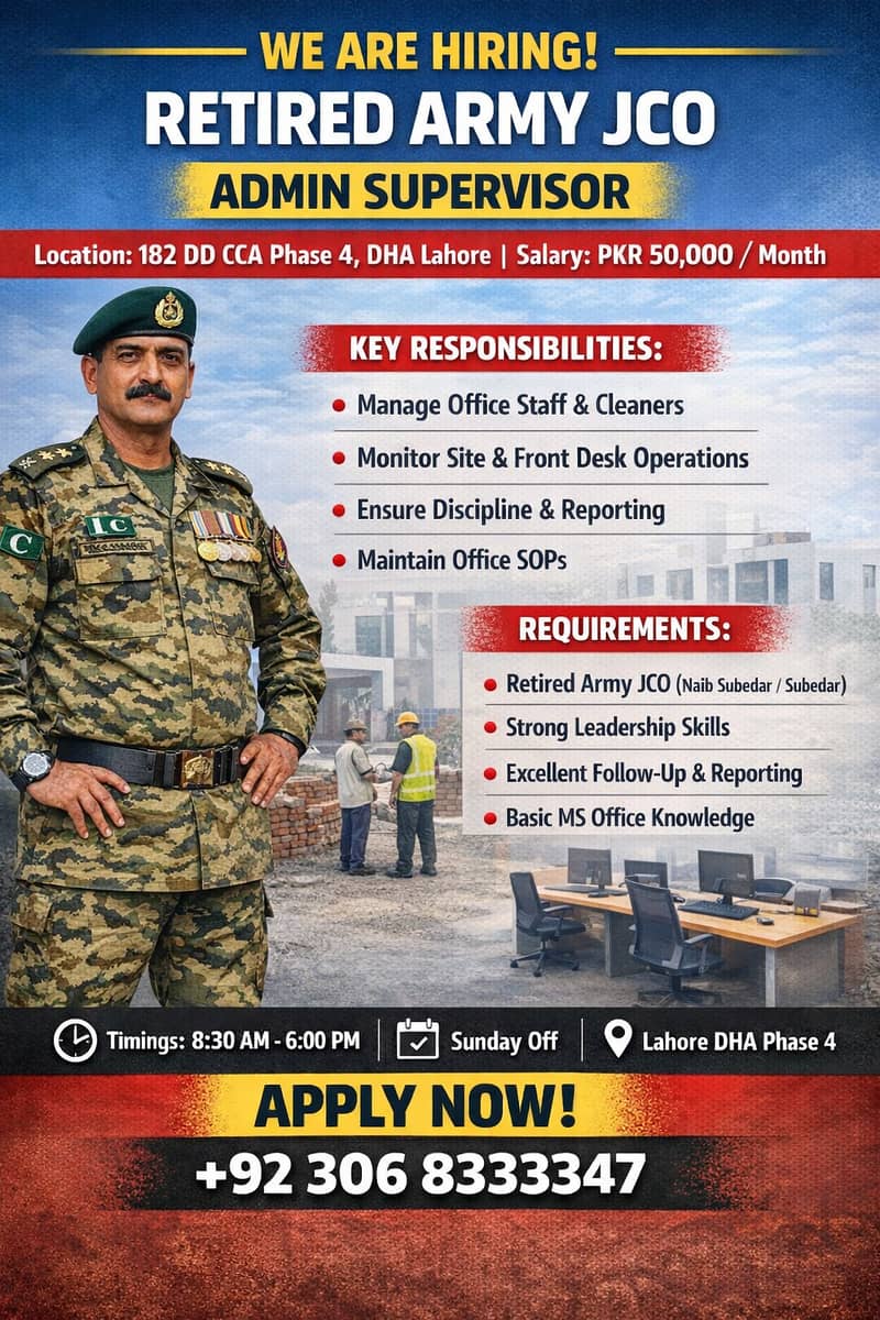 Retired Army JCO Required – Admin Supervisor

                                                            alt=