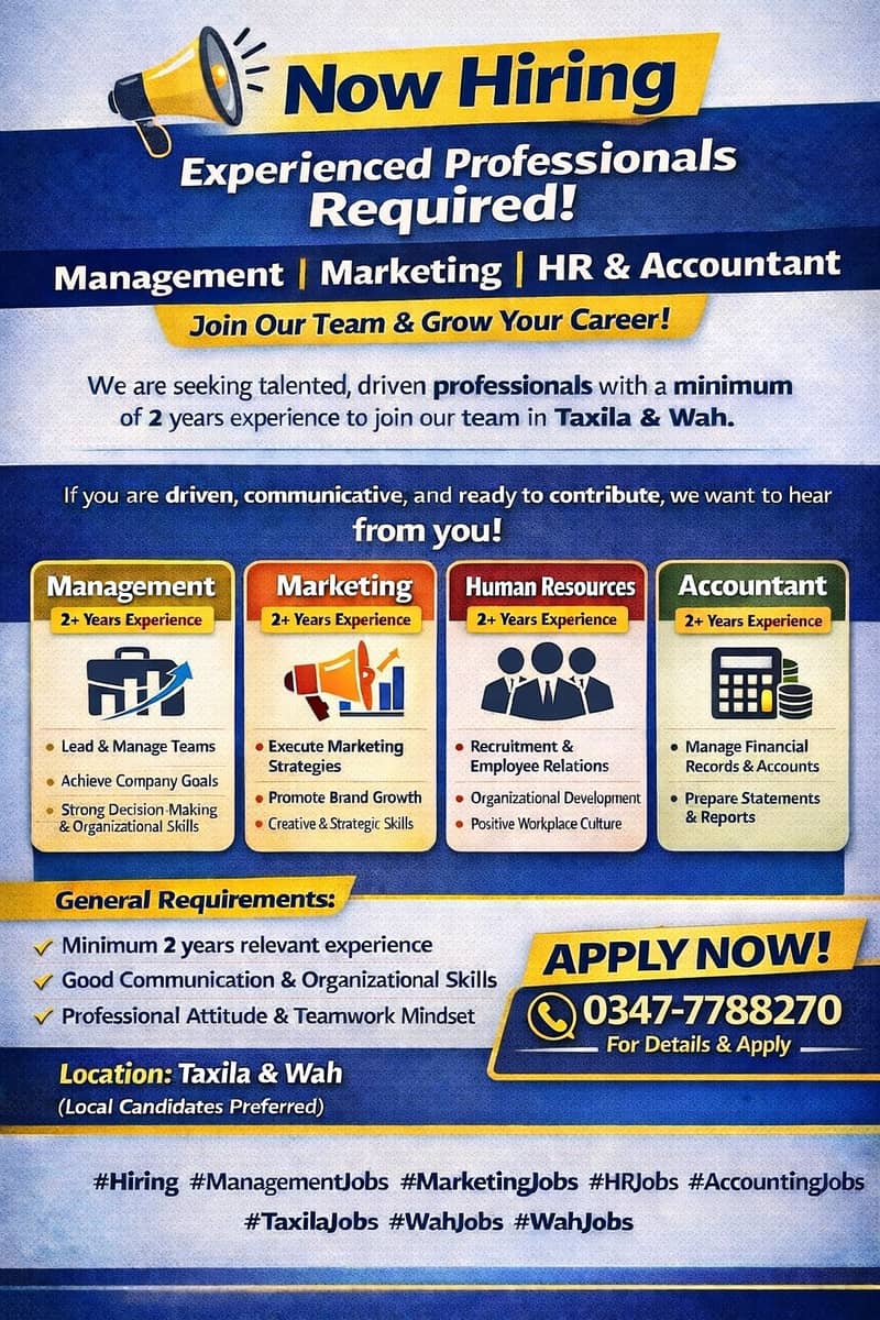 Hiring Now: Management, Marketing, HR & Accountant | Taxila & Wah

                                                            alt=