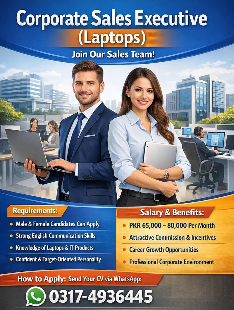 Corporate Sales Executive ( Laptops) Sales Jobs || Male & Female

                                                            alt=