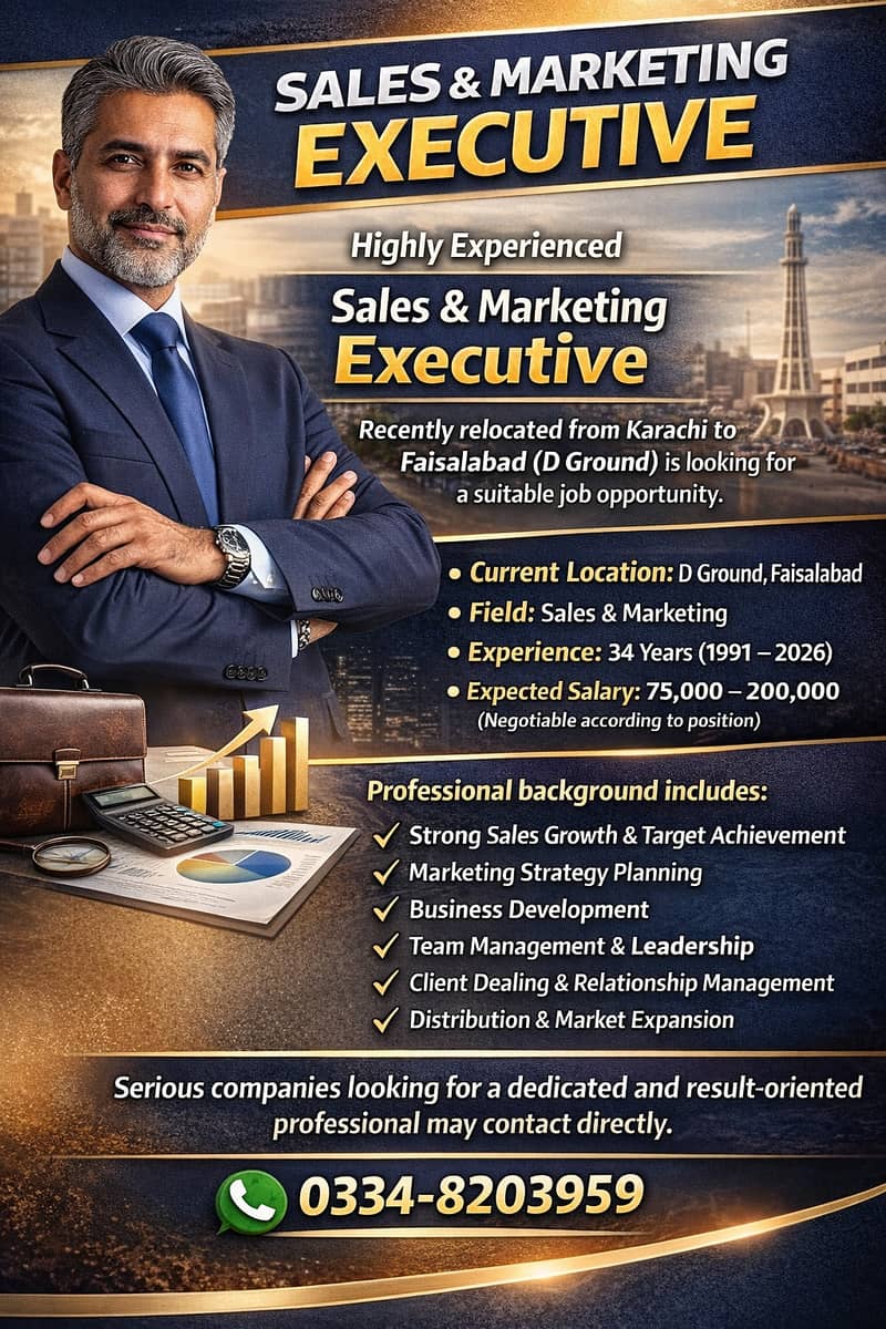 Experienced Sales & Marketing Executive (34 Years Experience)

                                                            alt=