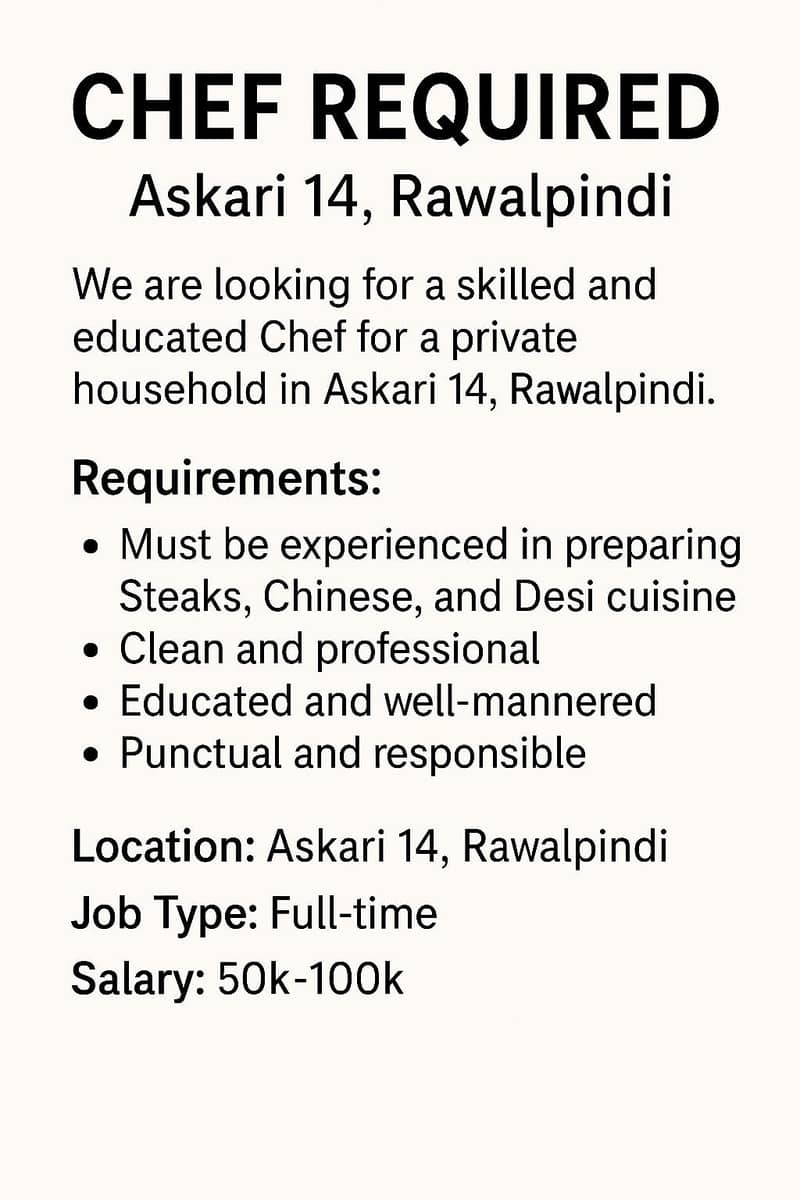 Chef required

                                                            alt=