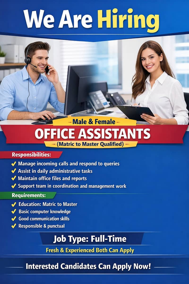 Admin office & Office  Jobs (Male/Female) – Fresh & Experienced

                                                            alt=