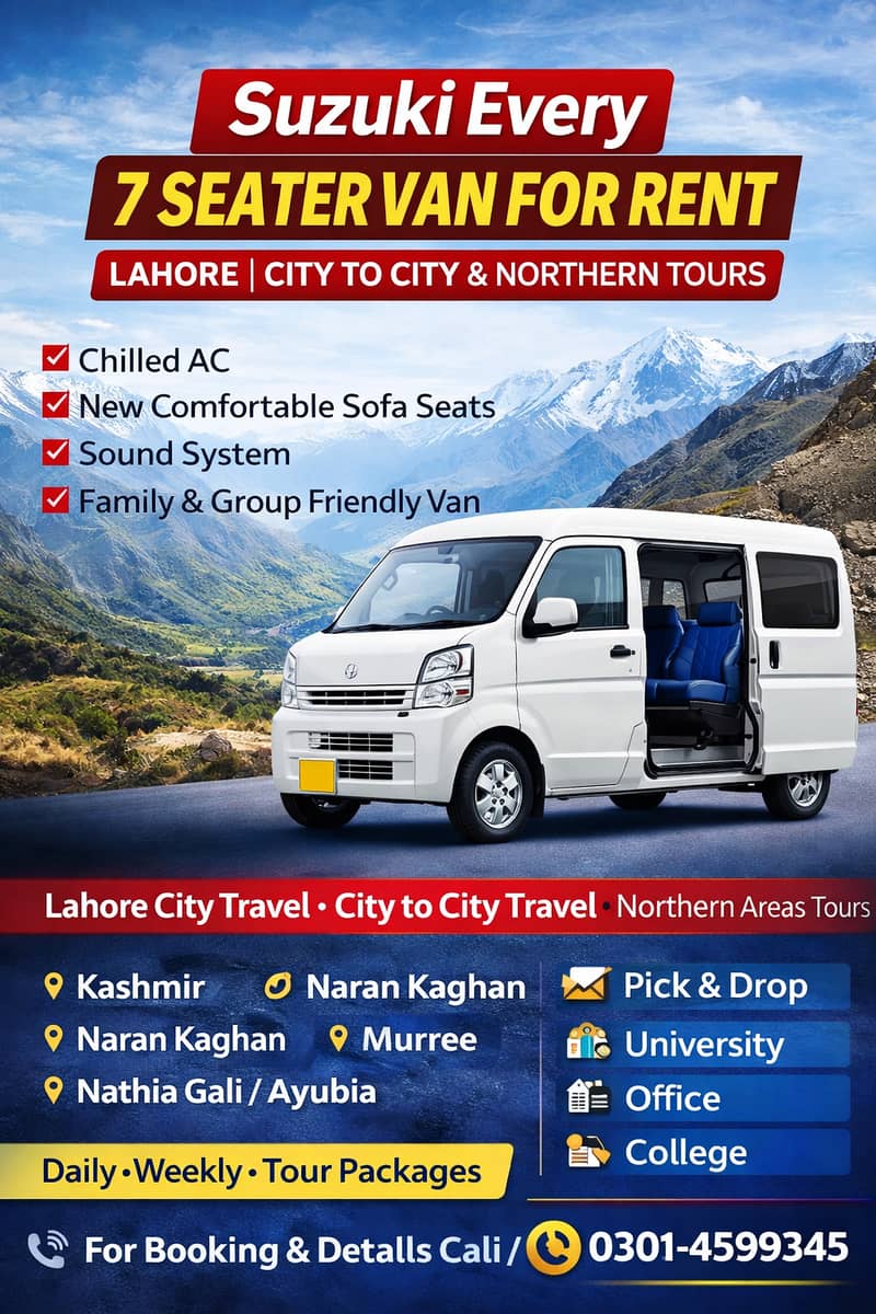 Rent A Car Suzuki Every Bolan Changan 7 Seater Van for Rent in Lahore

                                                            alt=
