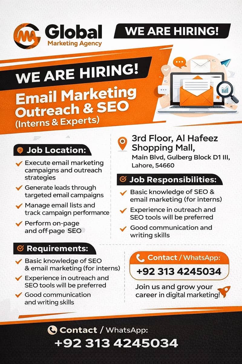 Email Marketing & SEO Executive (Interns & Experts) – Gulberg Lahore

                                                            alt=
