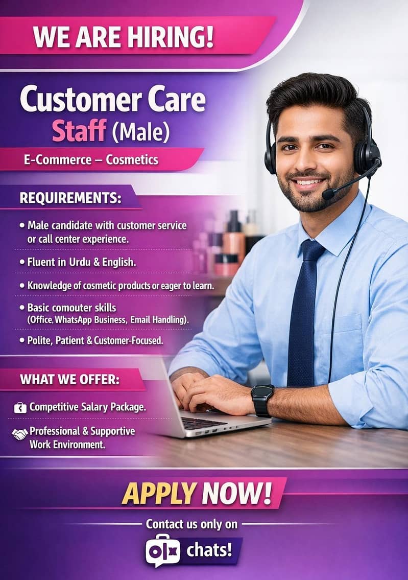 Customer Care Staff (Male) || Customer Support || Office Jobs

                                                            alt=