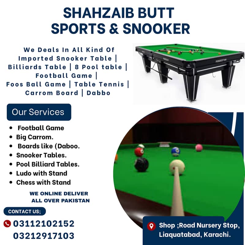 Snooker Table / Pool/ Billiard Table/ Table Tennis Game , Ludo , Chess

                                                            alt=