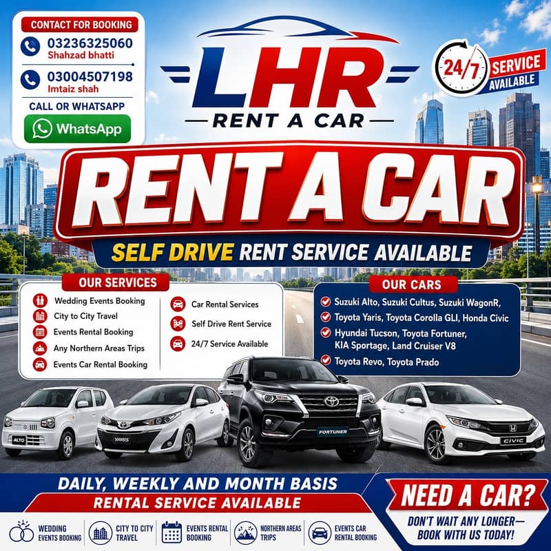 Rent a Car in Lahore/ City,Civic,Corolla,Kia,Fortuner,Parado Available

                                                            alt=