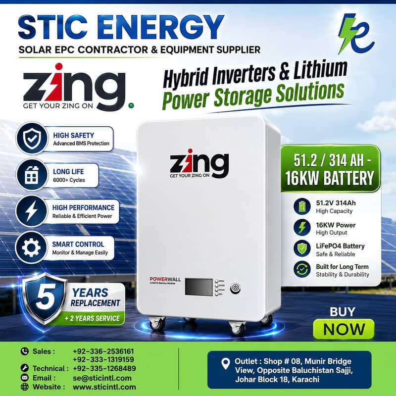 ZING 51.2V 314Ah 16kW Lithium Battery | Solar Powerwall Karachi