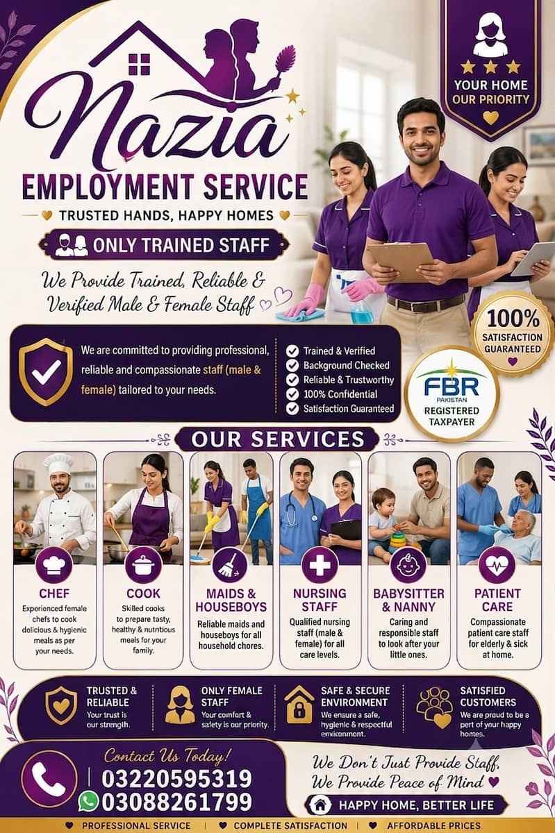 House maids , Maids , Baby Sitter , Chef , Cook , Patient Care ,Nurse

                                                            alt=