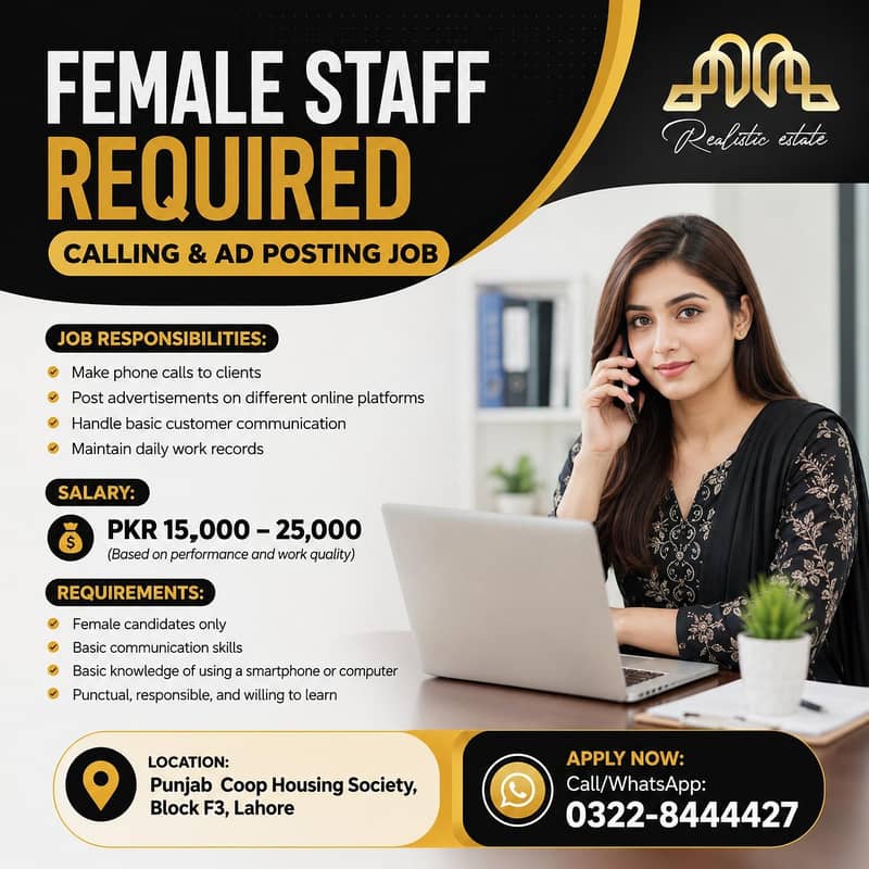 Female Staff Required – Calling & Ad Posting Job

                                                            alt=
